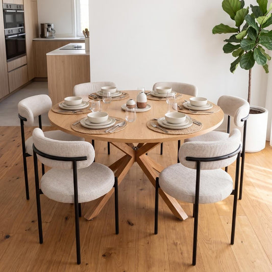Mesa Redonda Equiz Wood 120cm | Base X + 6 Sillas Makena Beige