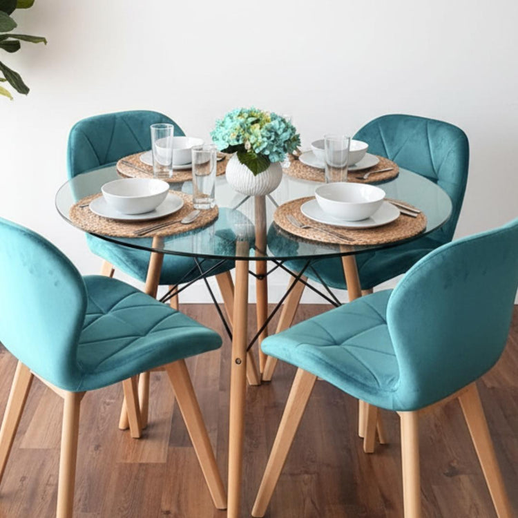 Comedor Mesa Redonda Elida 80cm + 4 Sillones Rubik Velvet Bondi