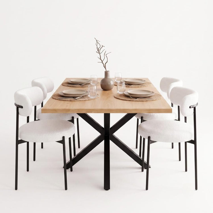 Comedor Mesa Greta Wood 140x90 | Pata Negra + 4 Silla Makena Bouclé Blanco | Metal Negro