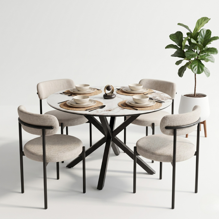 Comedor Mesa Redonda 100 cm Equiz | Cubierta Piedra | Base X Negro + 4 Sillas Makena Beige
