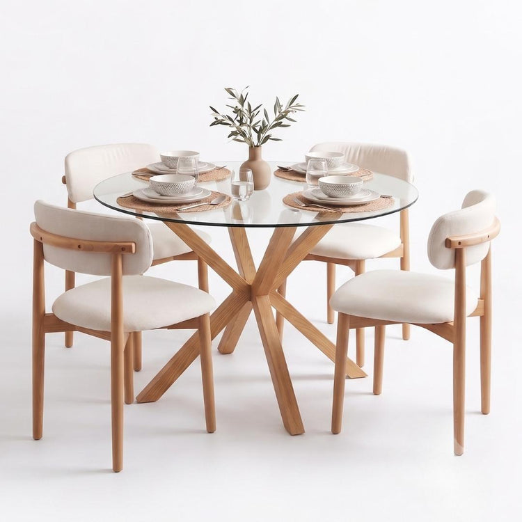 Comedor Mesa Equiz 100cm + 4 Silla Makena Lino Beige | Madera Natural