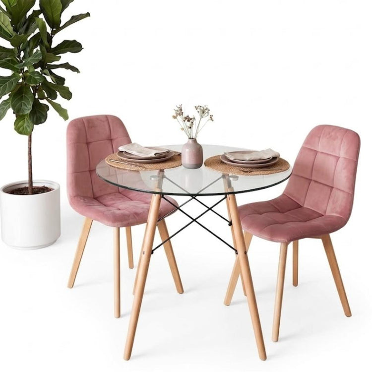 Comedor Mesa Redonda Elida 80cm + 2 Sillón Vorak Velvet Rosada