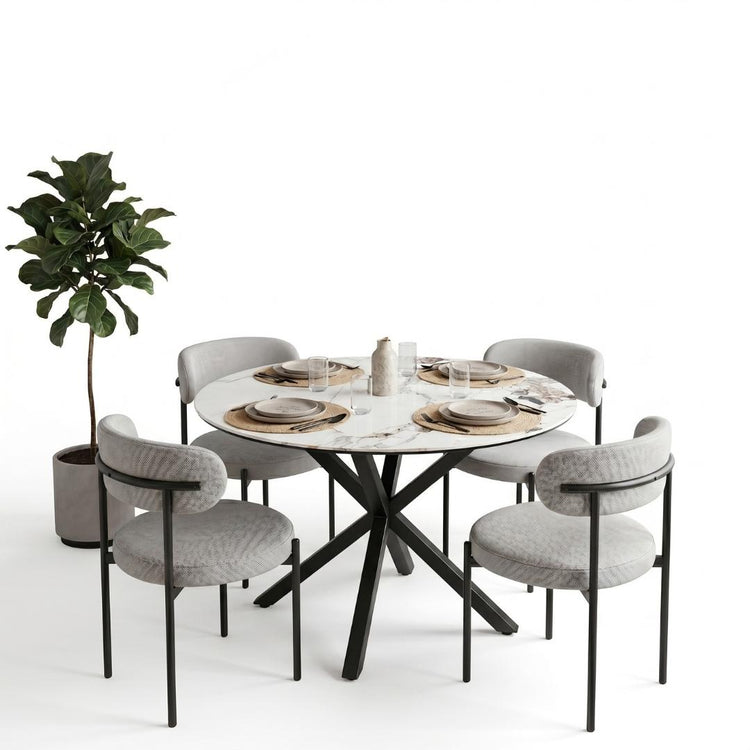 Comedor Mesa Redonda 100 cm Equiz | Cubierta Piedra | Base X Negro + 4 Sillas Makena Gris