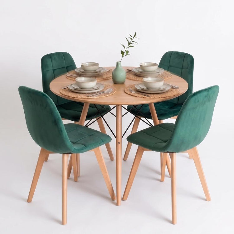 Comedor Mesa Redonda Shanna 100 cm + 4 Sillas Vorak Verde Esmeralda
