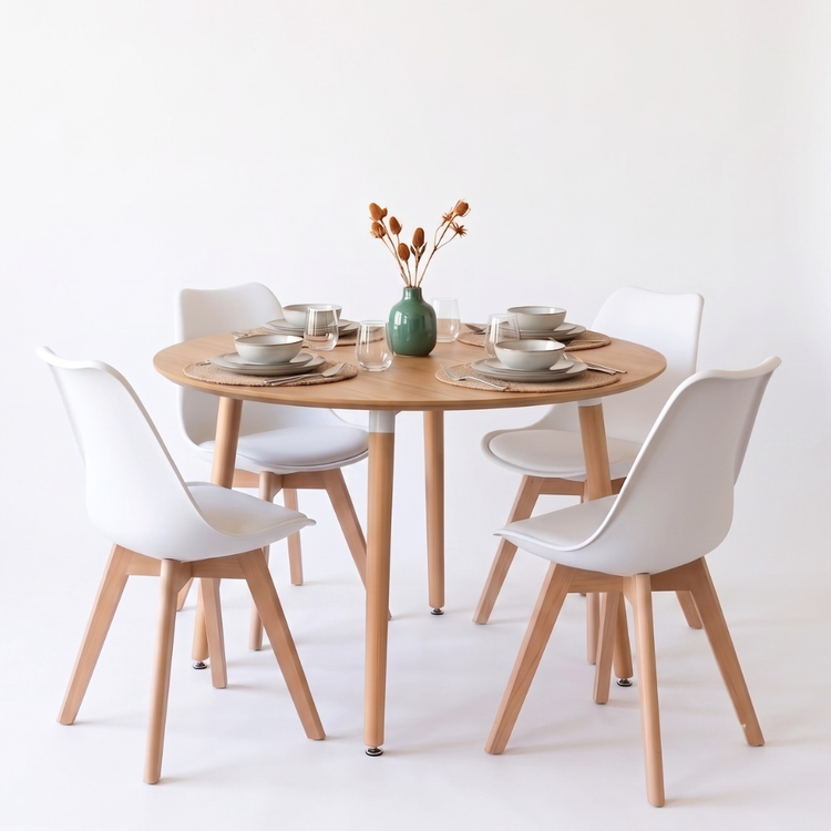 Comedor Extensible Bayona Wood 100-180cm + 4 Sillas Tulip Blanco