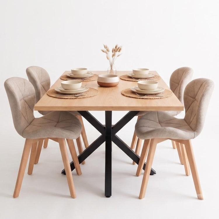Comedor Mesa Greta Wood 140x90 | Pata Negra + 4 Sillón Rubik Lino Beige