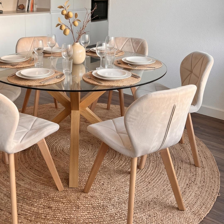 Comedor Mesa Redonda Equiz 120cm + 6 Sillón Rubik Velvet Beige