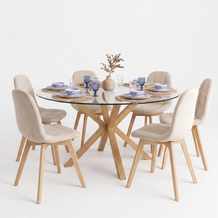 Comedor Mesa Redonda Equiz Wood  120cm + 6 Sillas Vorak Velvet Beige