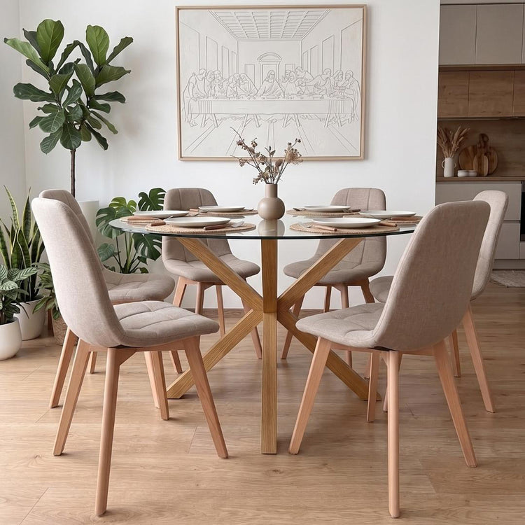 Comedor Mesa Redonda Equiz 120cm + 6 Sillas Vorak Lino Beige
