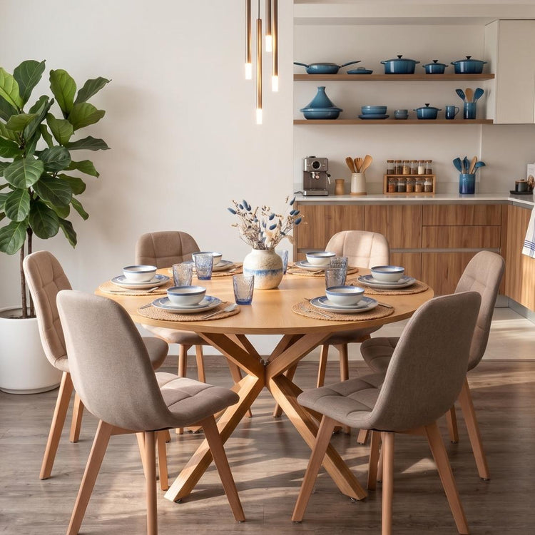 Comedor Mesa Redonda Equiz Wood  120cm + 6 Sillas Vorak Lino Beige