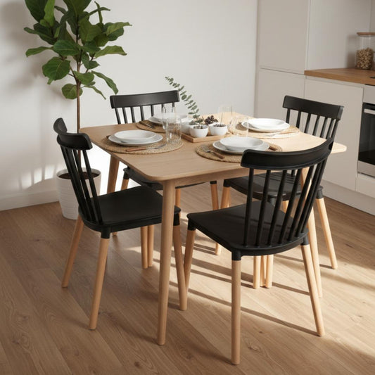 Comedor Mesa Cosmo Natural 60x60 cm + 4 Sillas Windsor Negro