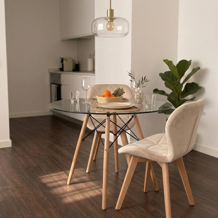 Comedor Mesa Redonda Elida 80cm + 2 Sillón Rubik Velvet Beige