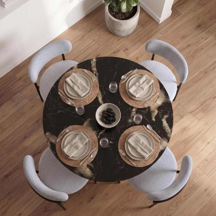 Comedor Mesa Tulip 100 cm | Piedra & Base Negro + 4 Sillas Makena Gris