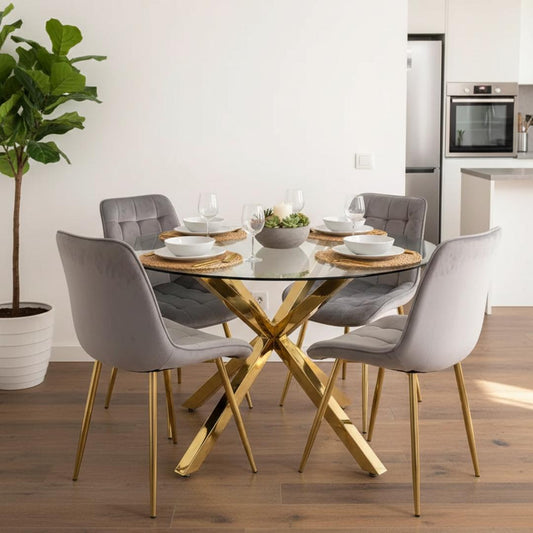 Comedor Mesa Equiz 100cm (Patas X Dorada) + 4 Sillas Kena Gris (Pata dorada)