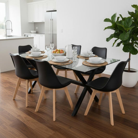 Comedor Mesa Xinia Negro 160x90 cm + 6 Sillas Tulip Negro