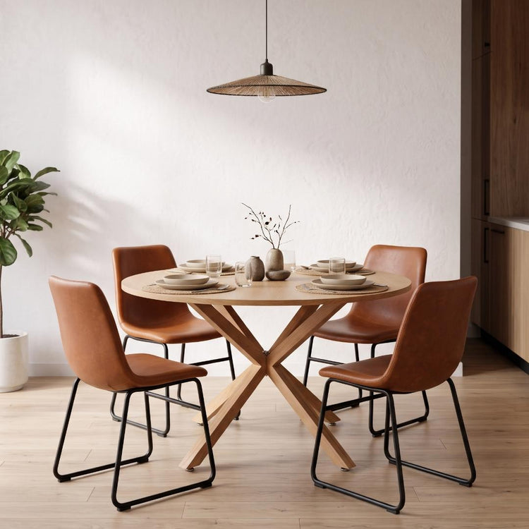 Comedor Mesa Redonda Equiz Wood 100cm | Base X + 4 Sillas Toscana