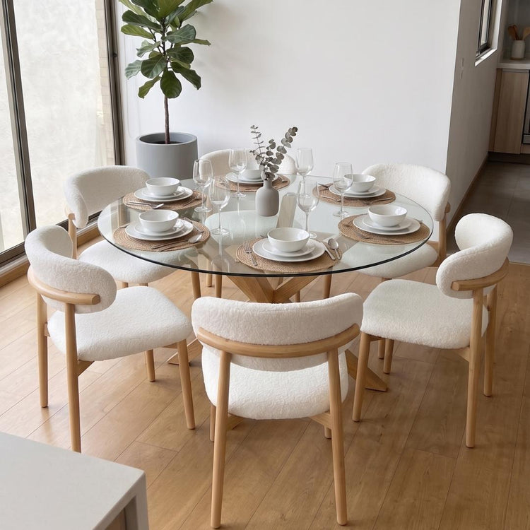 Comedor Mesa Equiz 120cm + 6 Silla Makena Blanco Bouclé