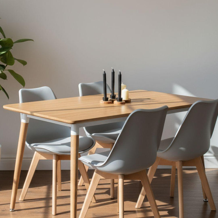 Comedor Mesa Rectangular Alamo 130x80 + 4 Sillas Tulip Gris