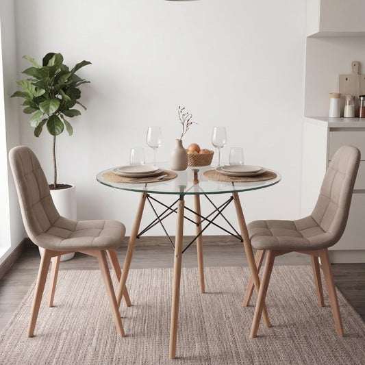 Comedor Mesa Redonda Elida 80cm + 2 Sillas Vorak Lino Beige