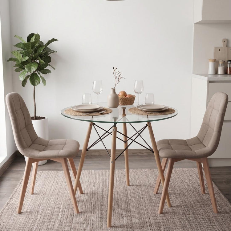 Comedor Mesa Redonda Elida 80cm + 2 Sillas Vorak Lino Beige