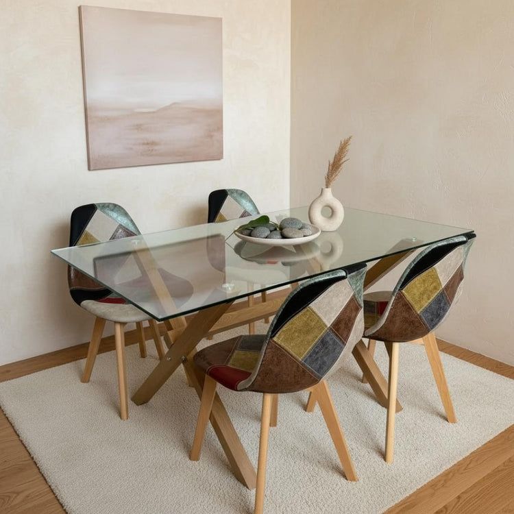 Comedor Mesa Xinia 130x80 + 4 Sillas Patchwork Da Vinci | Ecocuero Claro