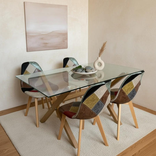 Comedor Mesa Xinia 130x80 + 4 Sillas Patchwork Da Vinci | Ecocuero Claro