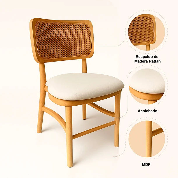 Silla Helga | Asiento acolchado | Madera Rattan