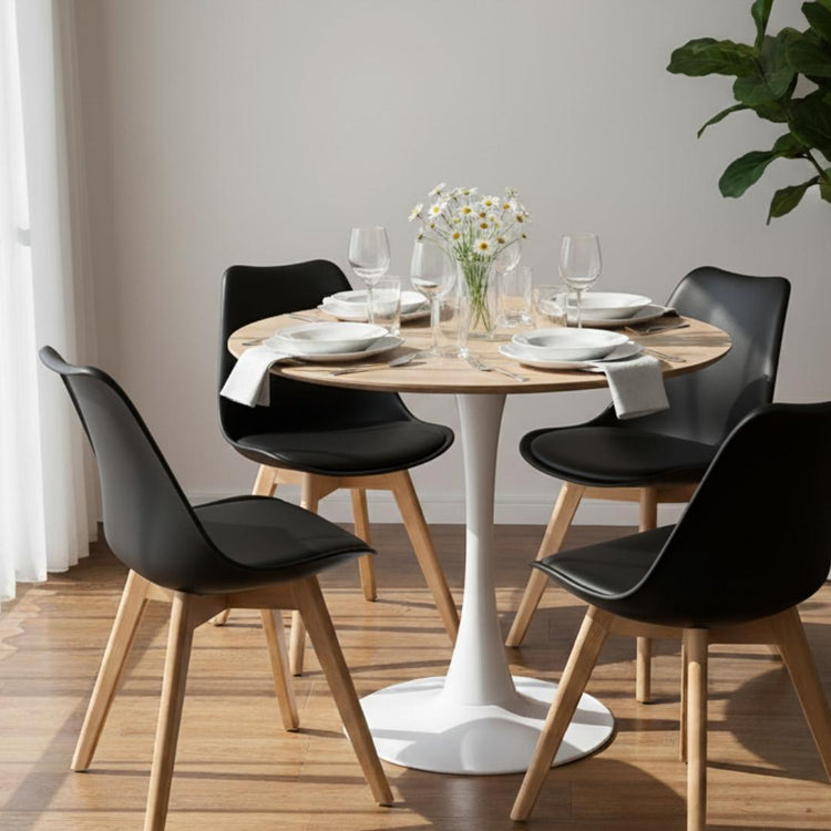 Comedor Mesa Tulip 100 cm (Cubierta Efecto Madera) + 4 Sillas Tulip Negro