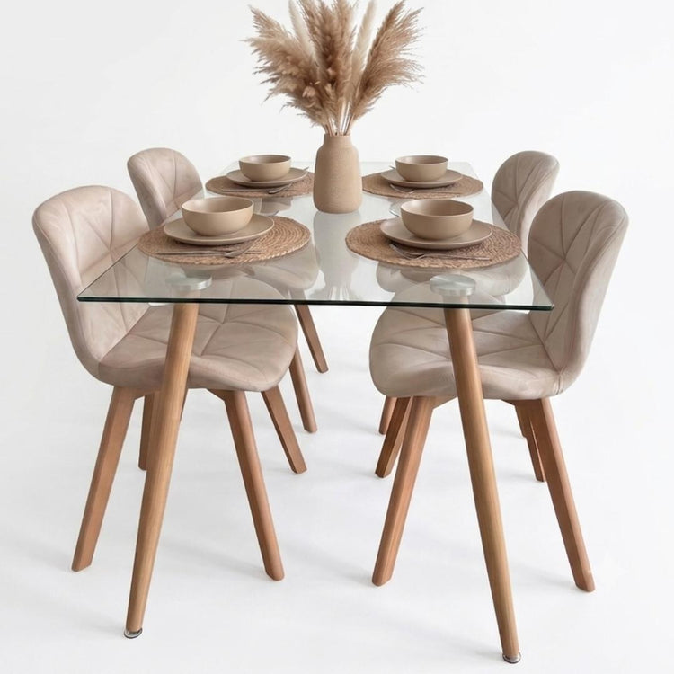 Comedor Mesa Vitreo 120x80 + 4 Sillón Rubik Velvet Beige