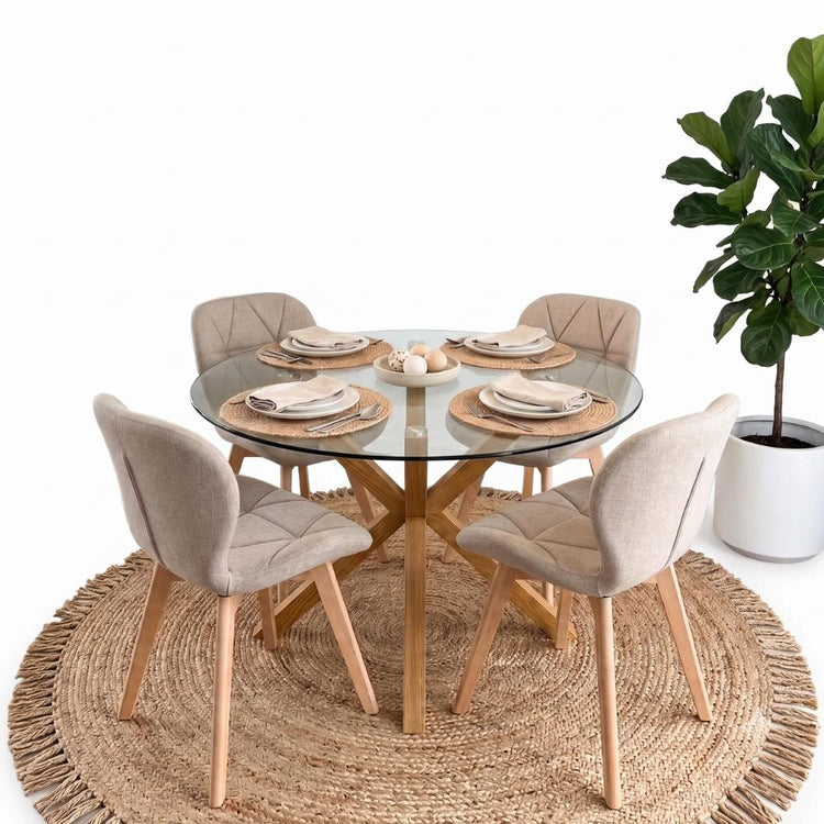 Comedor Mesa Equiz 100cm + 4 Sillón Rubik Lino Beige