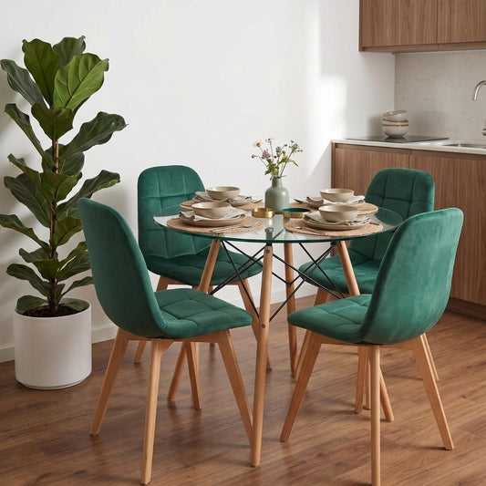 Comedor Mesa Redonda Elida 100cm + 4 Sillón Vorak Velvet Verde Esmeralda