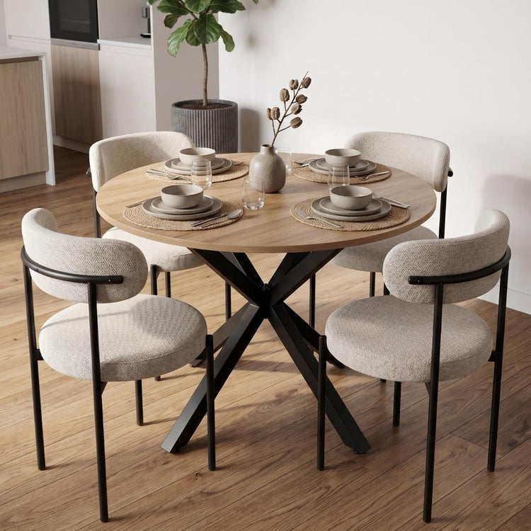 Comedor Mesa Redonda Equiz 100cm Madera | Base X Negro + 4 Sillas Makena Beige