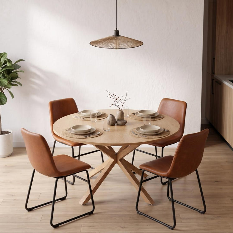 Comedor Mesa Redonda Equiz Wood 100cm | Base X + 4 Sillas Toscana