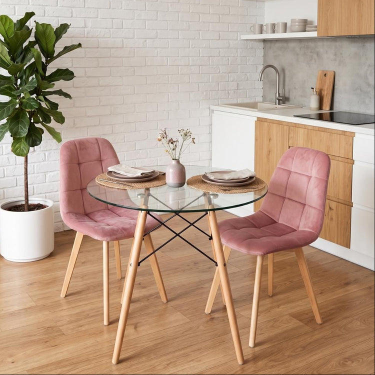 Comedor Mesa Redonda Elida 80cm + 2 Sillón Vorak Velvet Rosada