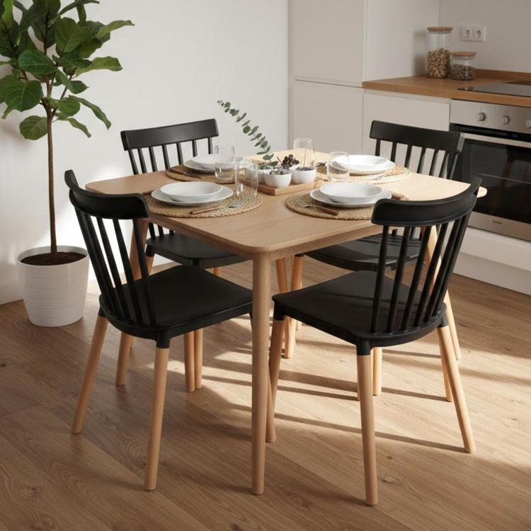 Comedor Mesa Cosmo Natural 60x60 cm + 4 Sillas Windsor Negro