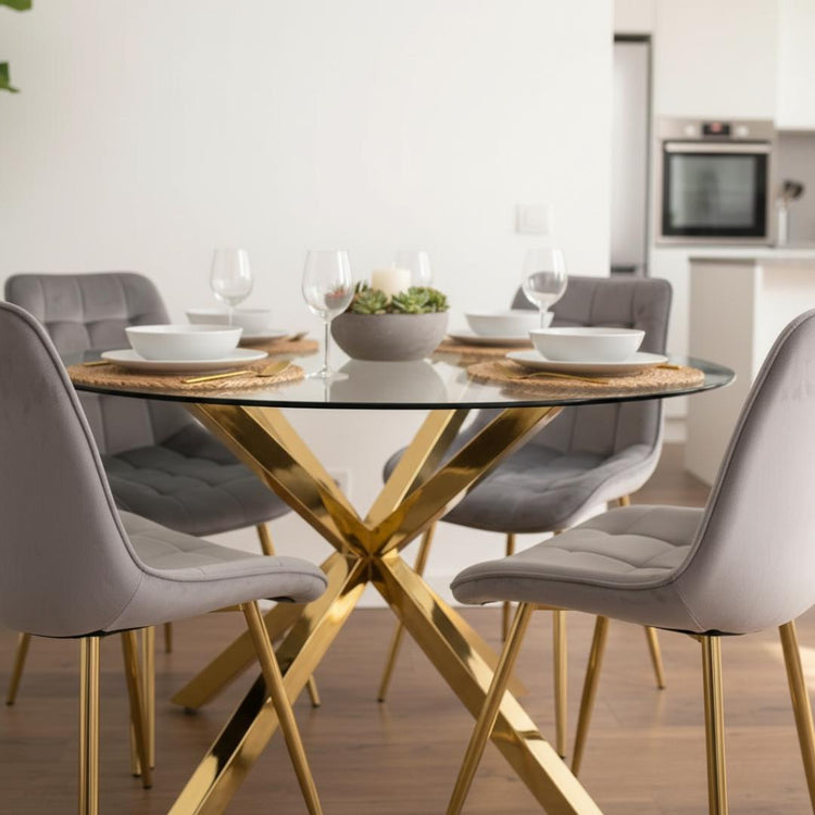 Comedor Mesa Equiz 100cm (Patas X Dorada) + 4 Sillas Kena Gris (Pata dorada)