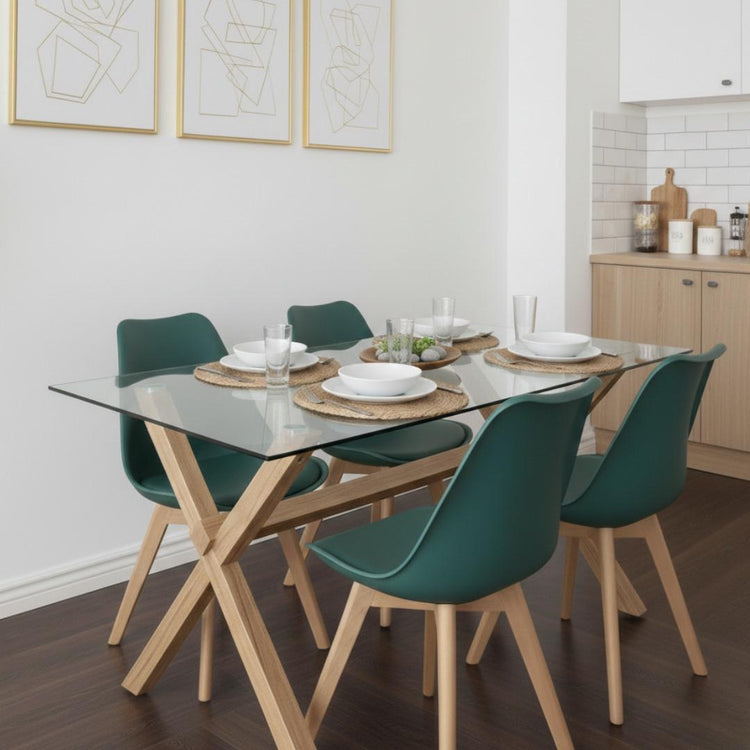 Comedor Moderno Mesa Xinia 130X80 + 4 Sillas Tulip Verde Esmeralda