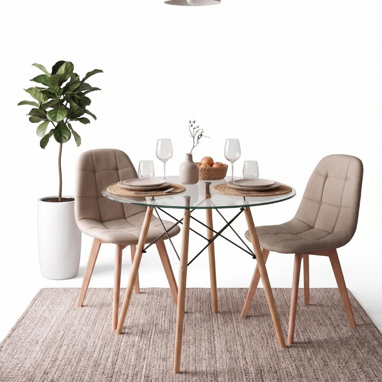 Comedor Mesa Redonda Elida 80cm + 2 Sillas Vorak Lino Beige