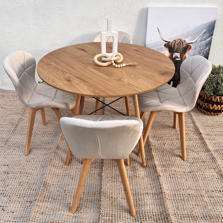 Comedor Mesa Shanna 100cm + 4 Sillón Rubik Beige Velvet