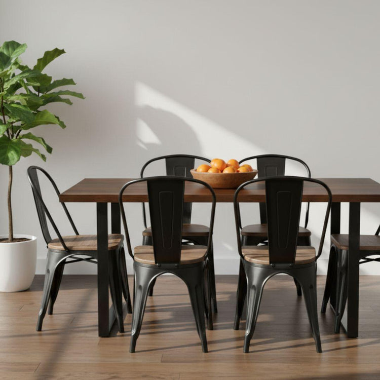 Comedor Mesa Rectangular Ámbar 160x90 + 6 Sillas Tolix Negro (Madera Oscura)