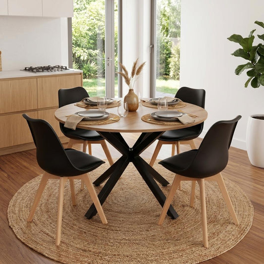 Comedor Mesa Redonda Equiz 100cm Madera | Base X Negro + 4 Sillas Tulip Negro
