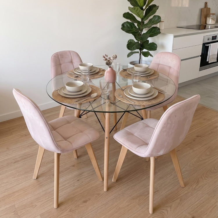 Comedor Mesa Redonda Elida 100cm + 4 Sillón Vorak Velvet Rosada
