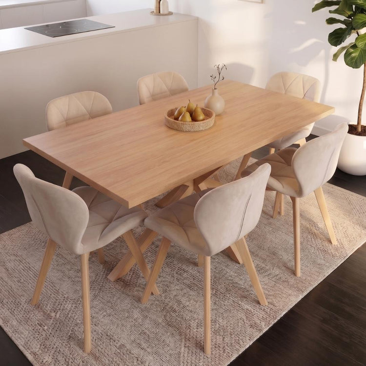 Comedor Mesa Greta Wood 160x90 + 6 Sillón Rubik Velvet Beige