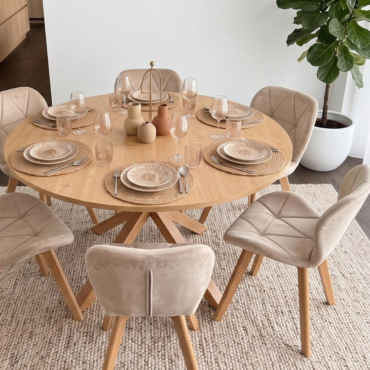 Comedor Mesa Redonda Equiz Wood  120cm + 6 Sillón Rubik Velvet Beige