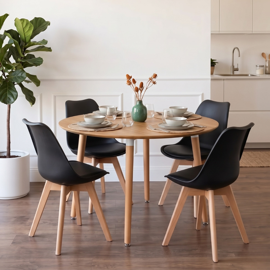 Comedor Extensible Bayona Wood 100-180cm + 4 Sillas Tulip Negro