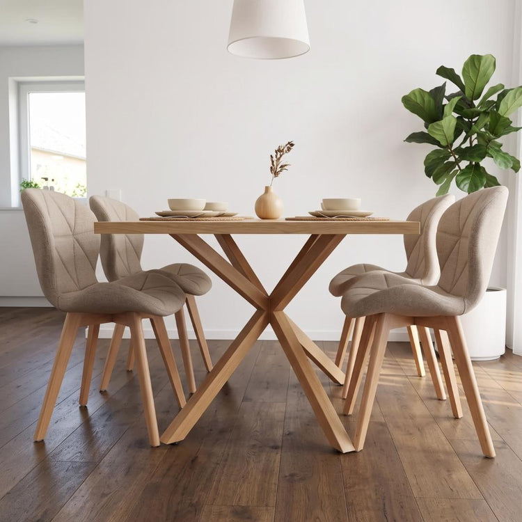 Comedor Mesa Greta Wood 140x90 + 4 Sillón Rubik Lino Beige
