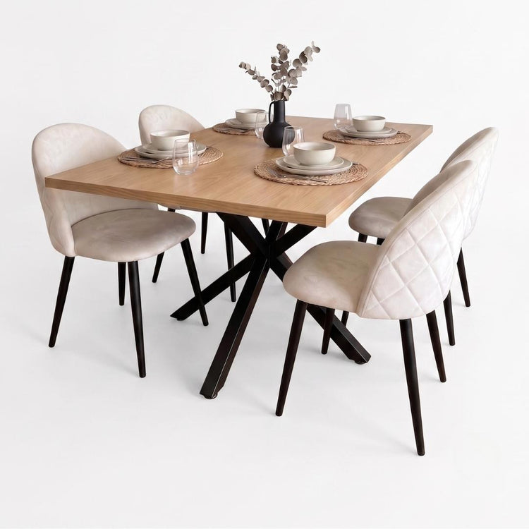 Comedor Mesa Greta Wood 140x90 | Pata Negra + 4 Silla Eloina Felpa Beige | Pata Negra