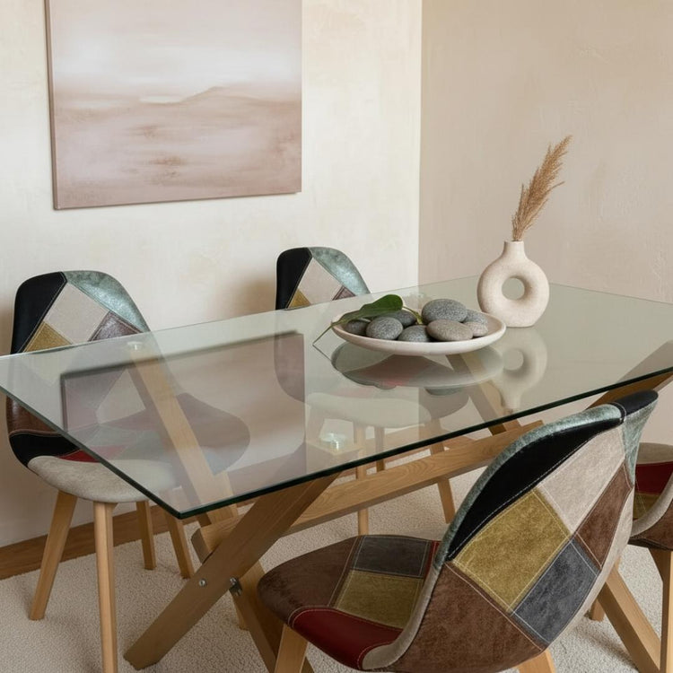 Comedor Mesa Xinia 130x80 + 4 Sillas Patchwork Da Vinci | Ecocuero Claro