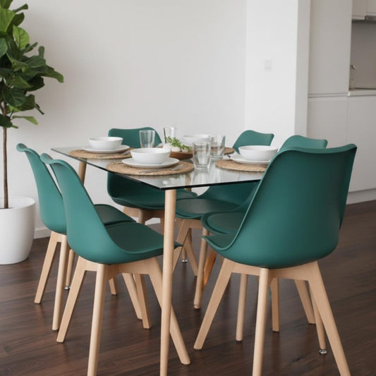 Comedor Mesa Vitreo 120x80 + 6 Sillas Tulip Verde Esmeralda