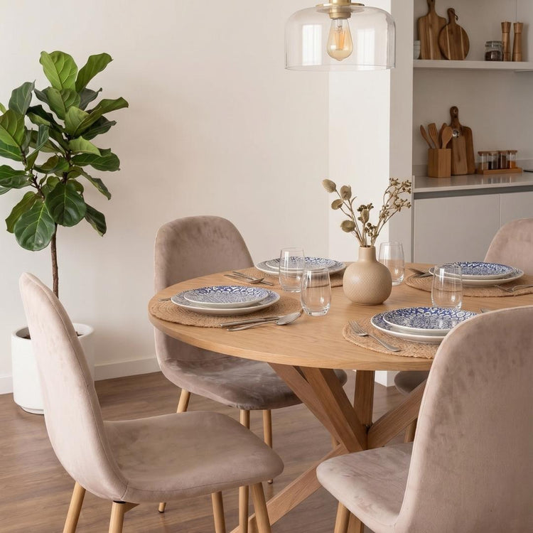 Comedor Mesa Redonda Equiz Wood  100cm + 4 Sillas Isy Arena